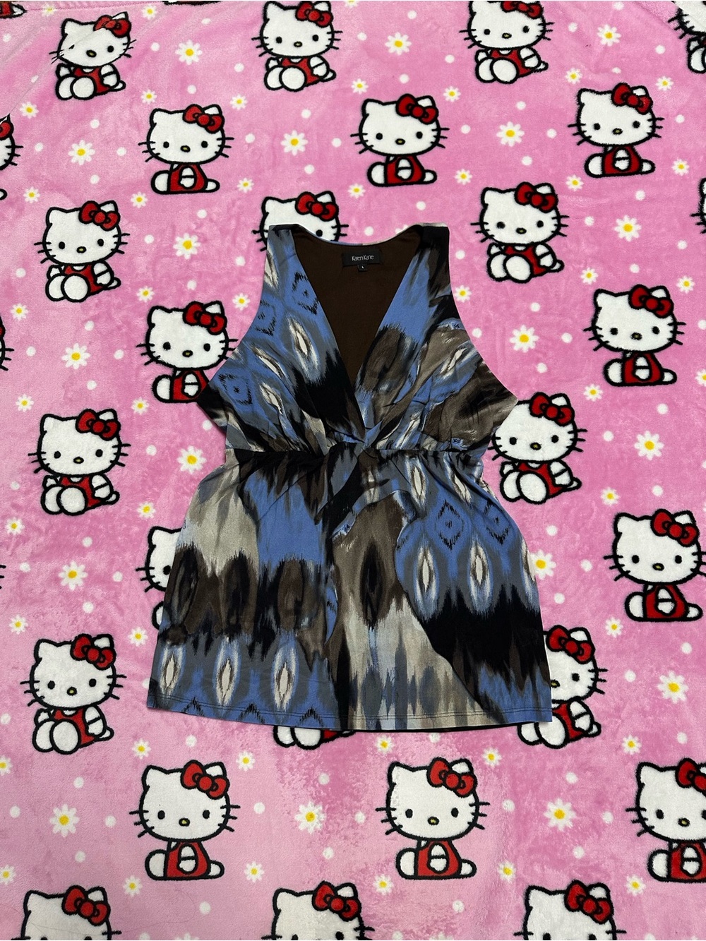 Karen Kane Women's Sleeveless Babydoll Top in Blue, Black & Gray Ikat Print